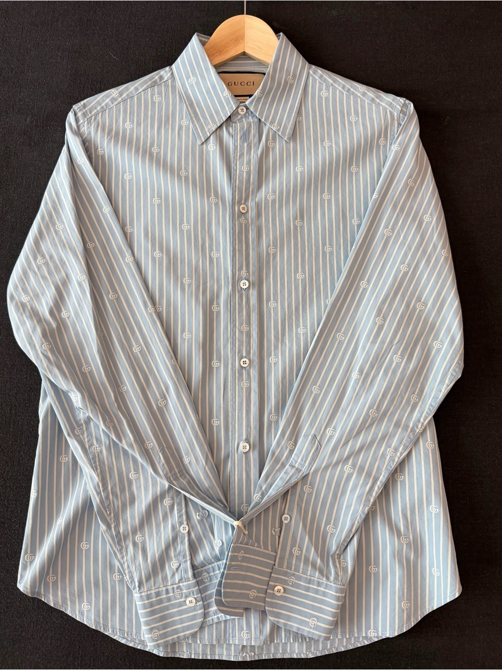 Gucci Light Blue and White Striped GG Logo button down Dress Shirt